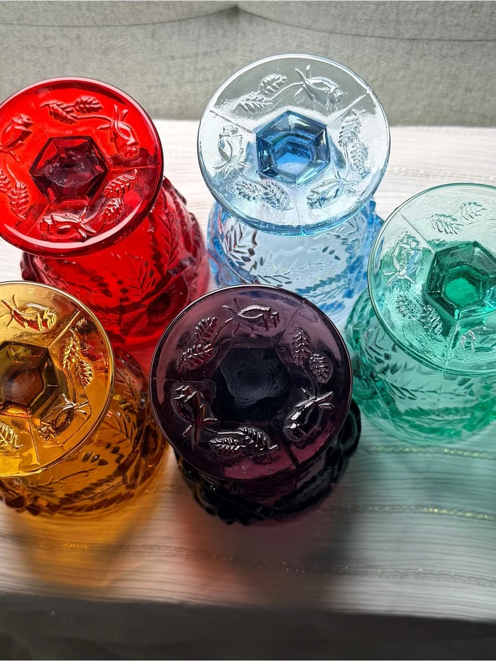 Vintage Madonna Inn Wild Rose Goblets Set of 5 Assorted Colors Pressed Glass 5”